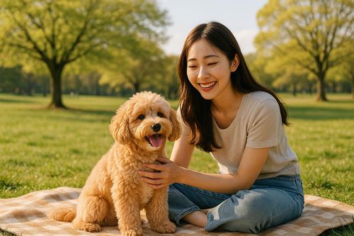 休日に犬と過ごす女性