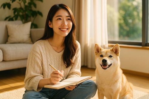 未来に希望を持つ若い女性とペット